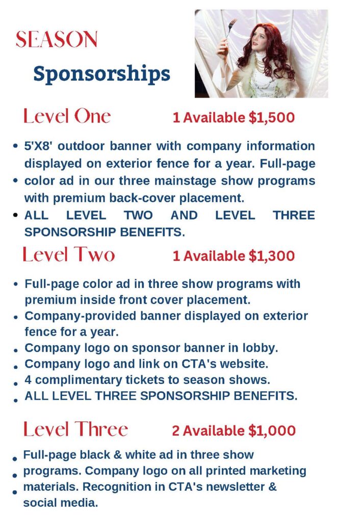 CTA 2024-2025 sponsor brochure, page 4 of 12: Season Sponsorships: Level One $1,500, Level Two $1,300, Level Three $1,000