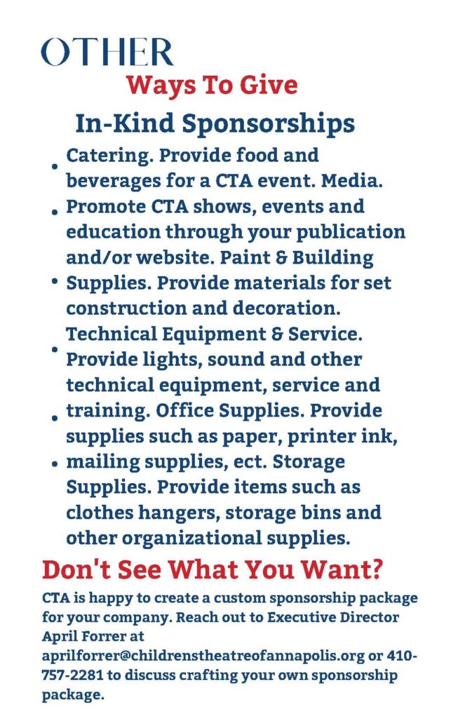CTA 2024-2025 sponsor brochure, page 9 of 12: Other Ways to Give: in-kind sponsorships