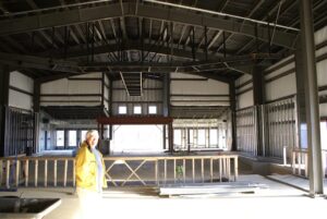 Interior of the CTA building under construction in 2007, with exposed framing and roof trusses
