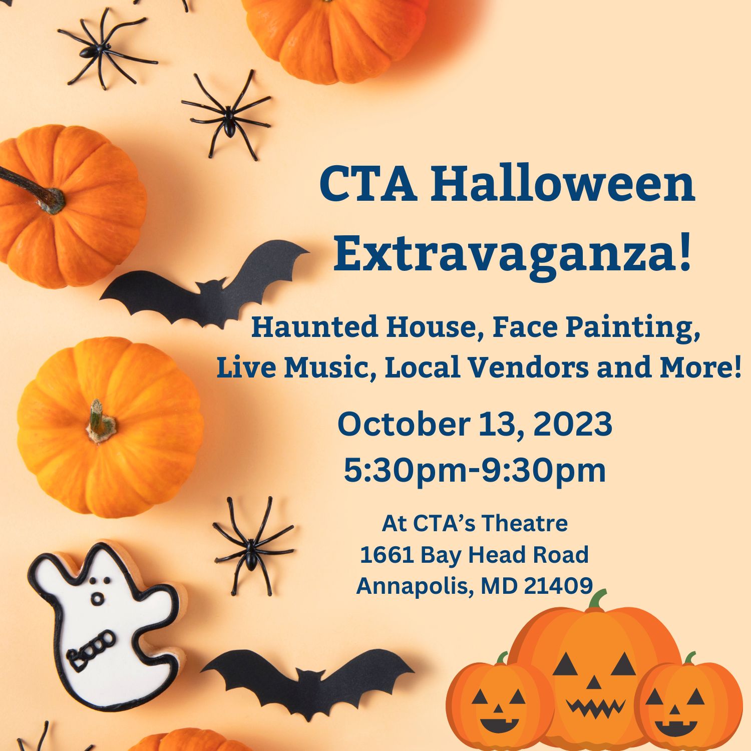 CTA Halloween Extravaganza: haunted house, face painting, live music, local vendors and more, October 13, 2023, 5:30 to 9:30 p.m. at CTA's theatre, 1661 Bay Head Road, Annapolis, MD 21409