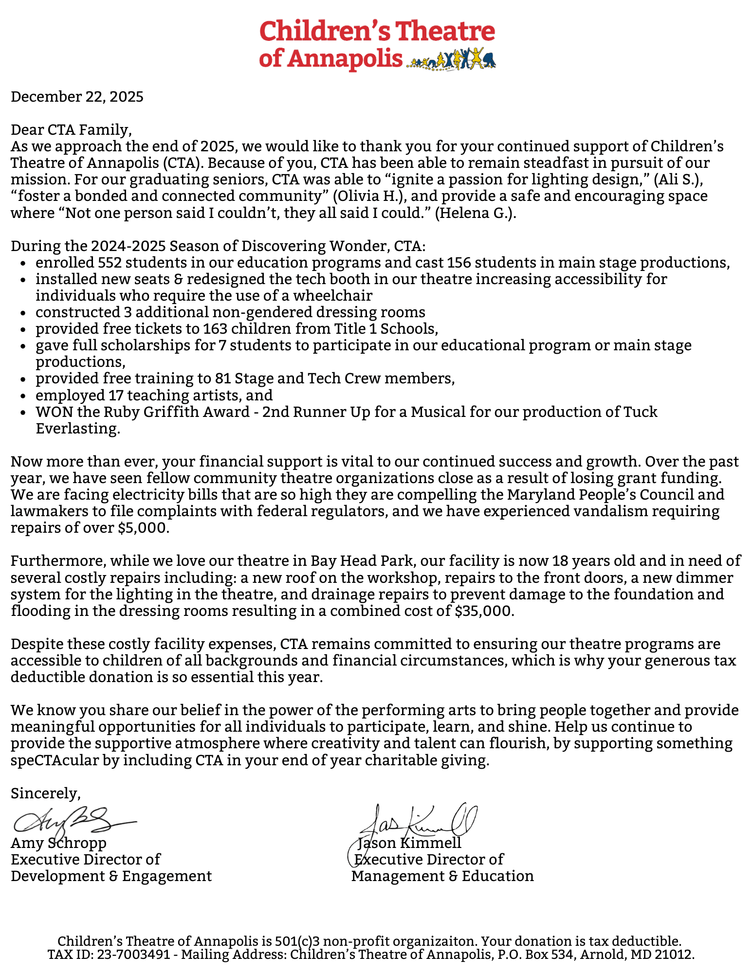 CTA end-of-year giving appeal letter from the executive directors