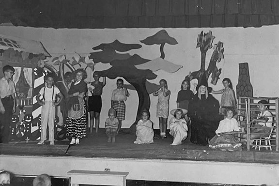 Black-and-white photo of young performers on stage in CTA's 1959 production of Hansel and Gretel