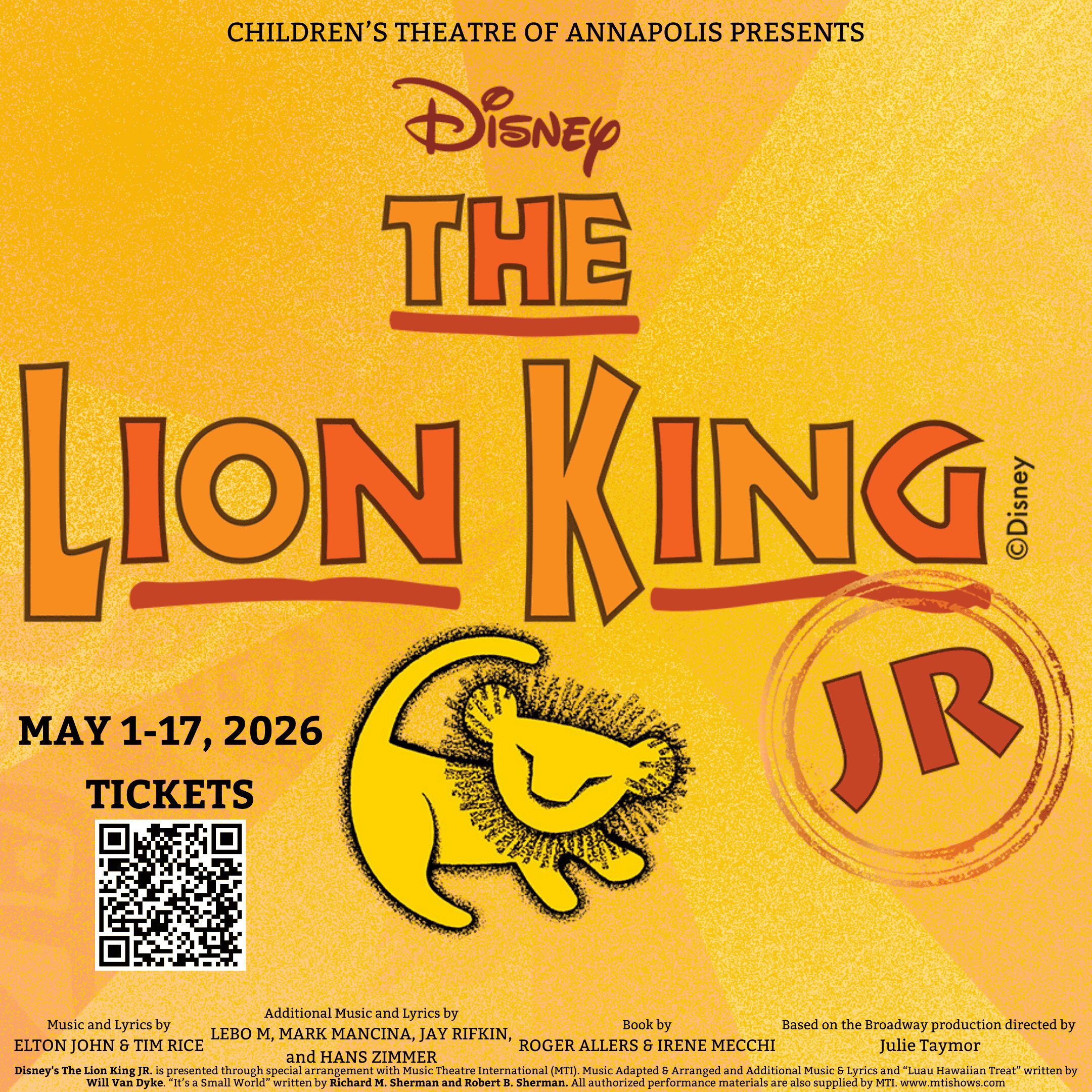 Children's Theatre of Annapolis presents Disney's The Lion King Jr., May 1-17, 2026