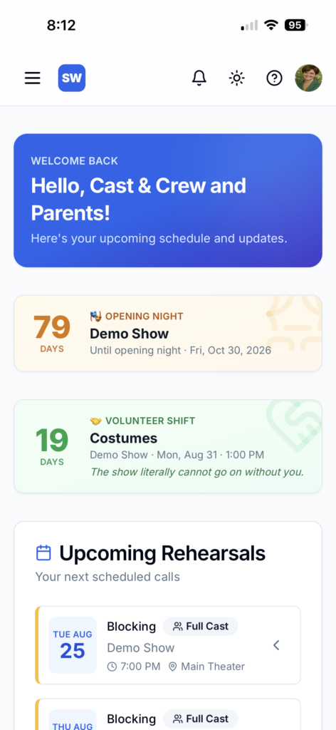 Screenshot of the StageWise mobile app showing a welcome message, upcoming events and rehearsals