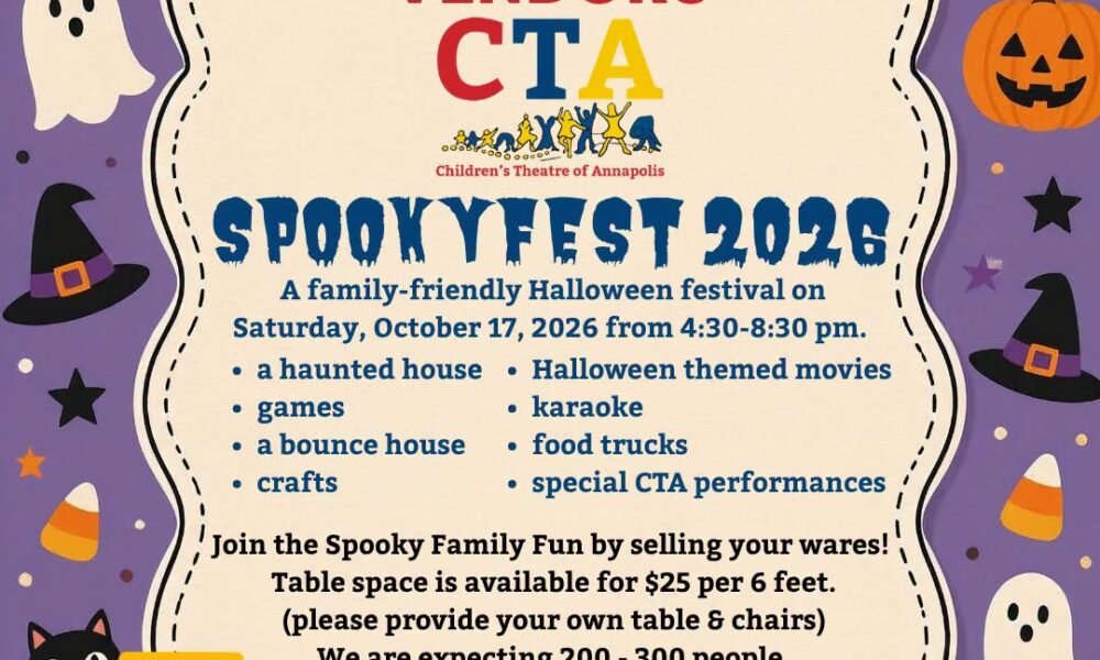 Spookyfest 2026 vendor flyer: Saturday, Oct. 17, 4:30–8:30 p.m.; $25 per 6-foot table space; scan the QR code to pay or email AmySchropp@childrenstheatreofannapolis.org