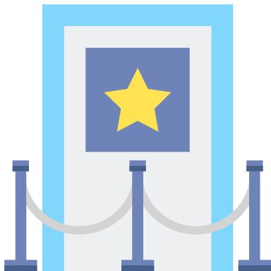 Illustration of a backstage door with a gold star between velvet rope stanchions
