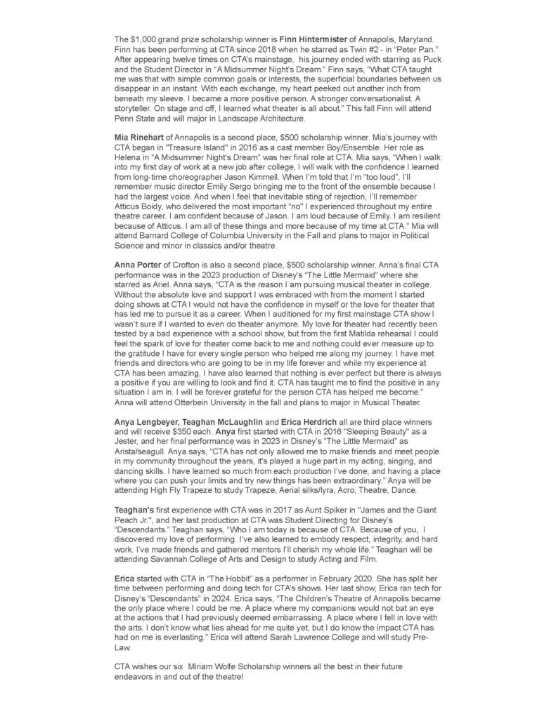 Press release, page 2 of 4: Miriam Wolfe Scholarship winners